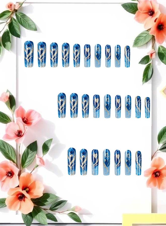 CJDLTS Glitter Powder Love Heart Press on Nails Long Square Gold Glitter Stripes Design Blue Gradient Acrylic Fake Nail Full Cover Glossy Artificial Fingernails DIY Reusable Glue on Nails for Women 24Pcs - Image 3